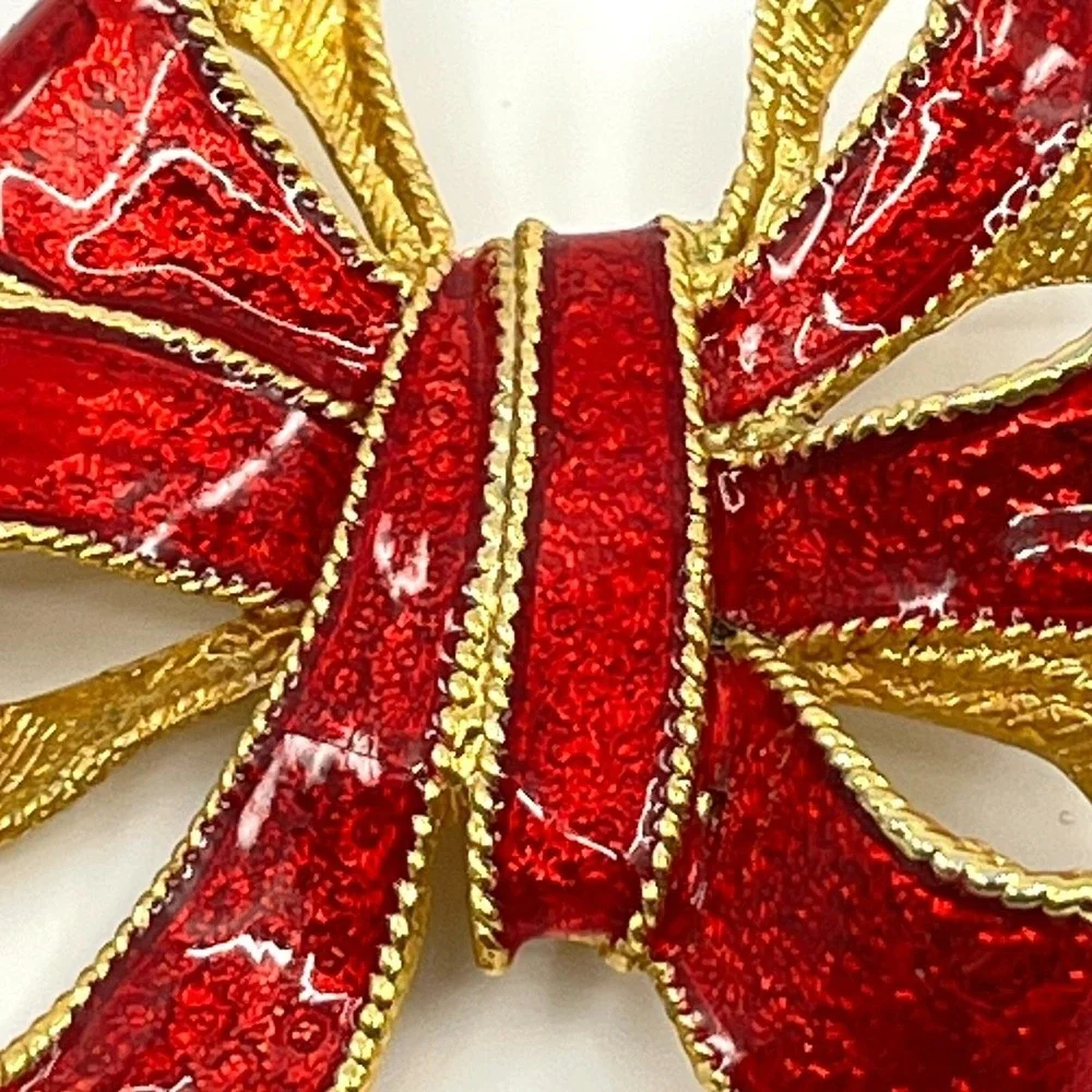 Vintage AJC Red Enamel Bow Brooch, Gold Tone Textured Holiday Ribbon Pin Classic